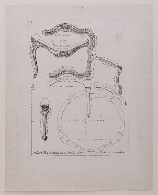 Konstruktionszeichnung für einen Armlehnstuhl aus verschiedenen Möbelteilen in geschwungenen Formen. Französische Beschriftung unterhalb des Bildes.UB04367: Détail d'un fauteuil en cabriolet cõme il faut l'assembler