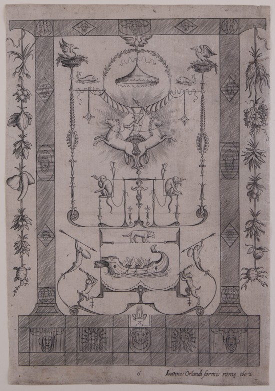 Ornamentale Darstellung mit verschiedenen Tieren, Figuren und Früchten.UB05575: Groteske Wandfüllung aus der Folge „Leviores et (ut videtur) extemporaneae picturae quas grotteschas vulgo vocant“ (Blatt 6)