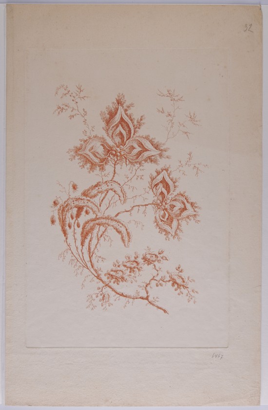 Blühende Pflanze mit zwei dreigeteilten Blüten und gedoppelten Blütenblättern, mehrere Knospen links und kreisrunde Blüten unten. Gesamte Zeichnung in rotbrauner Farbe.UB06467: Blume aus der Folge „Fleurs Persanes“ (Fantasieblumen)