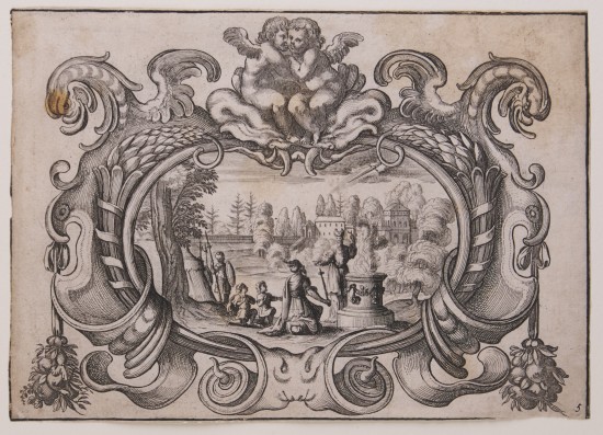 Verschlungener querovaler Rahmen mit pflanzlichen und tierischen Verzierungen sowie zwei Engelchen, die oben auf dem Rahmen sitzen. Mittig eine figürliche Szene vor einer Landschaft mit Bäumen und einem Haus im Hintergrund.UB06650: Knorpelwerk-Rahmen aus der Folge „Cartouches de Differantes Inventions Utiles a plussieurs sortes de Personnes“