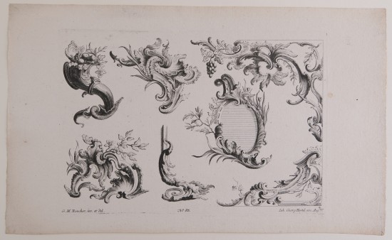 Unterschiedliche Ornament- und Rahmenentwürfe mit verschlungenen Formen, Blättern und muschelartigen Zierelementen.UB07068: Kartusche und Schmuckelemente aus einer Folge von vier Blatt Rocaille-Entwürfe, Verlags-Nr. 83, Blatt 4