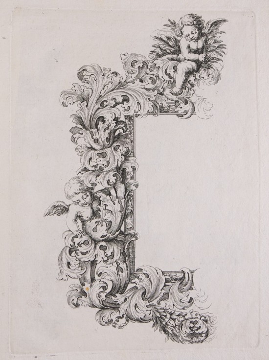 Linke Hälfte eines Bilderrahmens bestehend aus verschlungenen, dichten Blattranken. Darin oben und an der Seite je ein Engelchen.UB07502: Rahmen mit Laubwerk und zwei Putti, aus der Folge „Neues Lauber Büchlein“