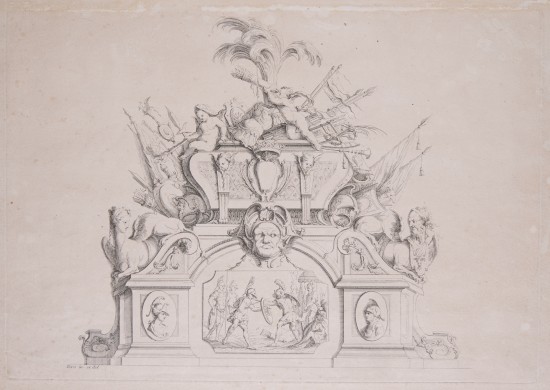 Ein Sarkophag umgeben von Kriegsgerät, Federn, Fahnen und Mischwesen. Darunter ein massiver, verzierter Sockel.UB07719: Entwurf für ein Grabmal aus der Serie „Dessins de Tombeaux nouvellement inventez par J. B. Toro“