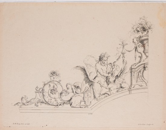 Fantasievolle Zusammenstellung verschiedener Fabelwesen und Ornamentformen mit Ranken und einer halben Vase auf einem angeschnittenen Bogen.UB07720: Arabeske aus der Serie „Desseins Arabesque A Plusieurs Usages“