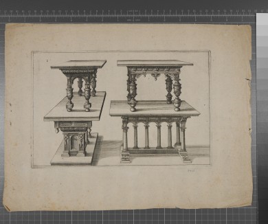 Tische mit geschnitzten Säulen und Ornamenten.UB08420: Vier Tische aus der Folge „Verscheyden Schrynwerck als Portalen, Kleerkassen, Buffeten..."