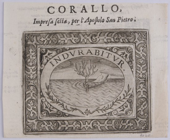 In querrechteckigem, verziertem Rahmen Queroval mit Darstellung einer Koralle, die von einer Hand ins Wasser gehalten wird.UB09020: Corallo - Indurabitur