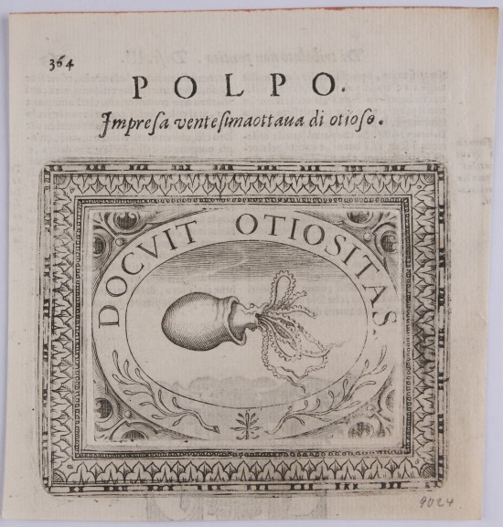 In querrechteckigem, verziertem Rahmen Queroval mit Darstellung eines Tintenfischs. Darüber kurzer lateinischer Text.UB09024: Polpo aus einer Folge von 23 Sinnbildern in ornamentaler Rahmung