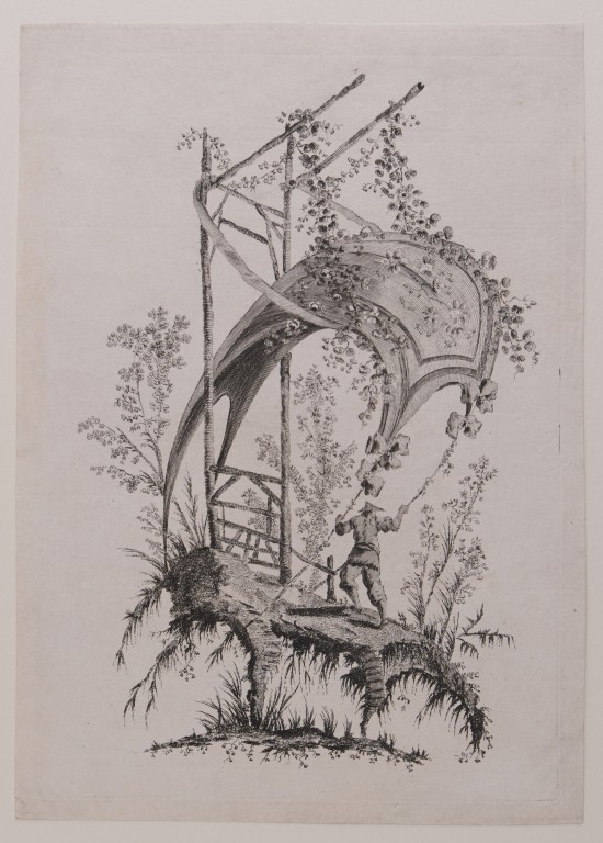 Fantasievolles architektonisches Gebilde verziert mit Blüten und Bambusstäben, darunter eine männliche Person.UB09172: Phantastisches Zelt mit Blumen und Bambusstabwerk, Chinoiserie aus der Folge „Recueil des Tentes Chinoises“