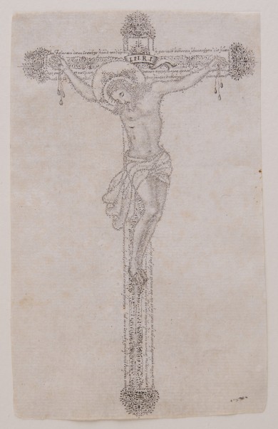 Darstellung des leidenden Christus am Kreuz in aus Schrift gestalteter Mikrografie.UB09362: Mikrografie des leidenden Christus am Kreuz