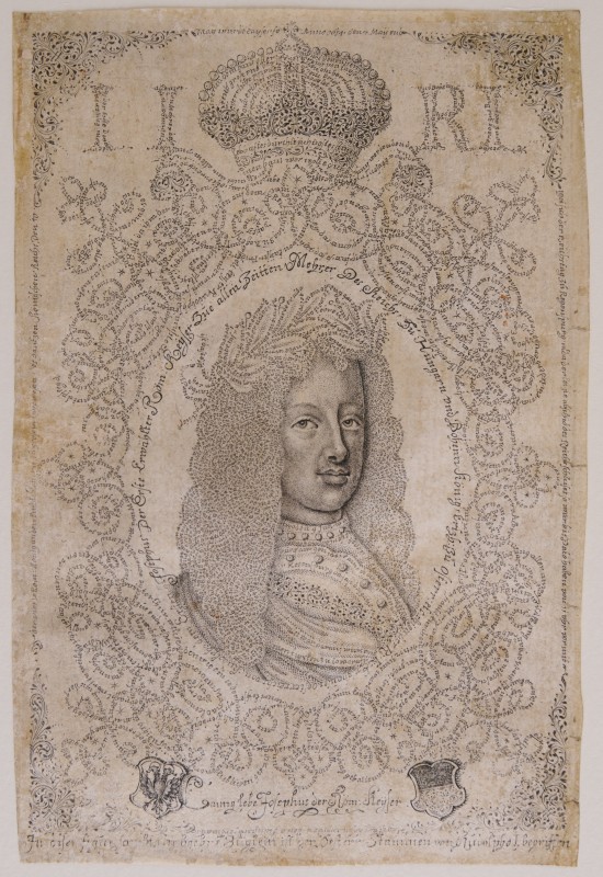 Mittig das Bildnis eines Mannes im Halbprofil, die Konturen und der ovale Rahmen der Darstellung aus Schrift gebildet. Oben eine Krone unten zwei Wappen.UB09363: Bildnis Kaiser Joseph I.