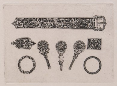 Ornament-Vorlagen für Gürtel, Schnallen und Ringe mit Blüten und geschwungenen floralen Ranken.UB10010: Schwarzornamente aus einer Folge von Gürteln, Schnallen und Ringen