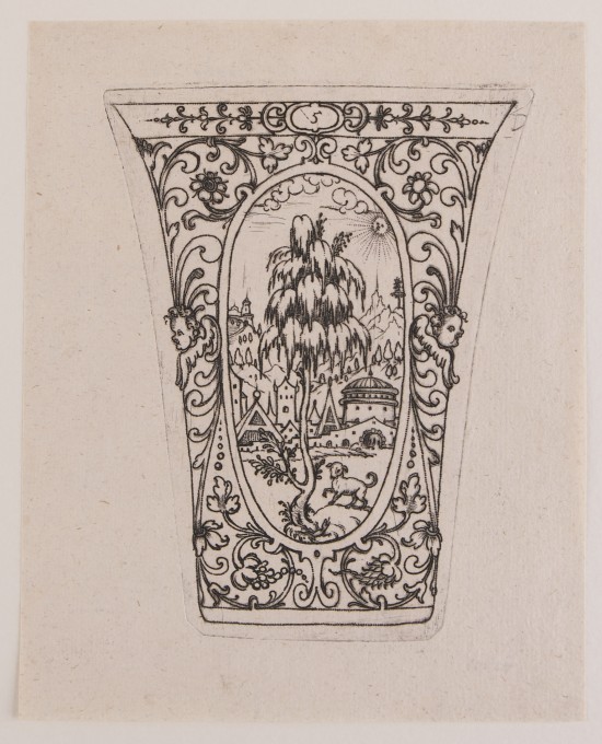 Entwurf für eine Gefäß ohne Henkel: Mittig ein hochovales Bild mit Landschaft, außen Engelsköpfe und längliche Pflanzenteile.UB10026: Entwurf für einen Becher, Blatt 5 einer 12-teiligen Folge