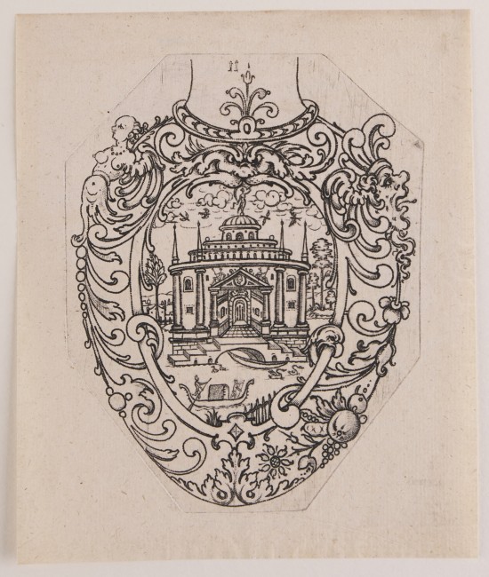 Zeichnung für ein Behältnis, die zentrale, hochovale Architekturdarstellung umgeben von einer Frauenfigur, Masken und pflanzlichen Elementen.UB10029: Entwurf für ein Gefäß, Blatt 11 einer 12-teiligen Folge