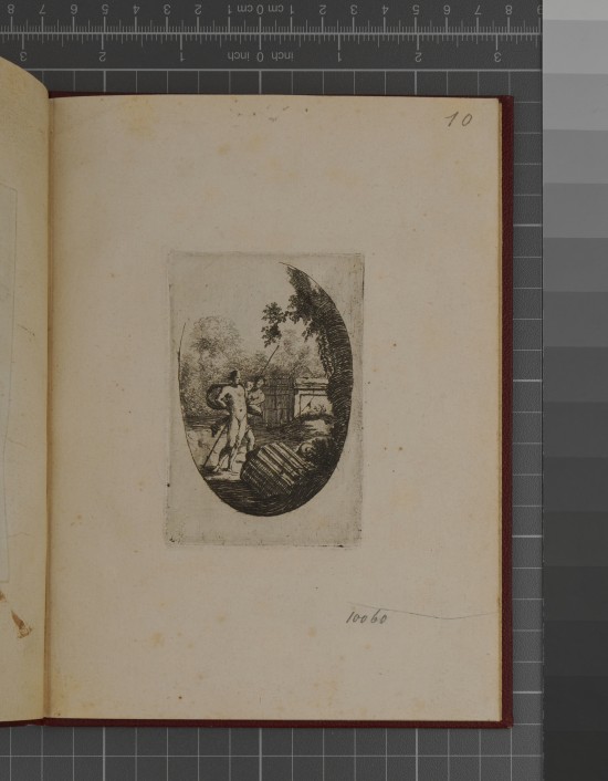 Ovales Bildfeld auf rechteckigem Papier. Darin eine männliche Person und dahinter ein unbekleideter Satyr mit einem langen Stab. Der Satyr schaut der männlichen Figur über die Schulter. Landschaft mit antiken Trümmern und architektonischen Elementen rund herum.UB10060: Mythologische Szene aus einer Folge von Medaillons mit antiken Aktdarstellungen