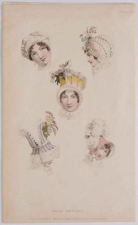 Fünf weibliche Köpfe mit verschiedenen Hutmodellen vor leerem Hintergrund.UB11229: "Head Dresses", Ackermann's Repository of Arts, Plate 29, No. 72