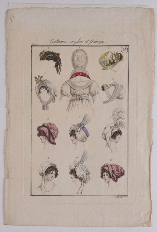 Modezeichnungen: Zwei Reihen Kopfbedeckungen und ein Rückenteil eines Kleides, zwei Reihen je drei Frauenköpfen mit Hüten.UB11232: Costumes anglois et françois aus einer Folge von Modeentwürfen (Nr. 23)