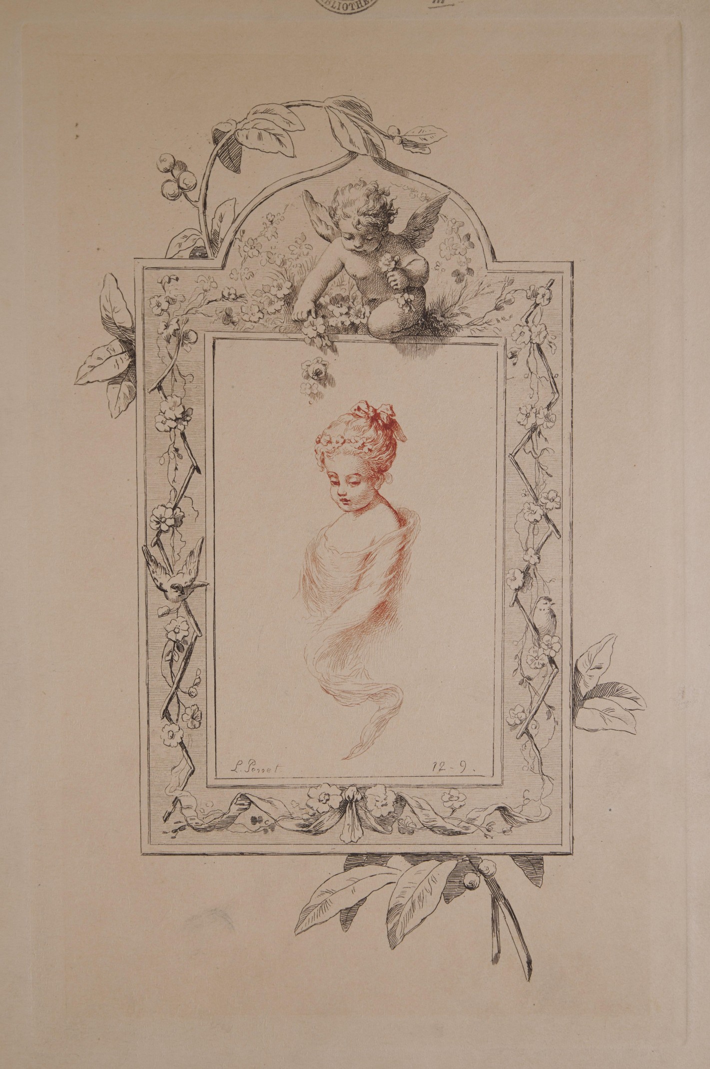 Dekorative Zeichnung eines Engels und einer Frau mit floralen Ornamenten.