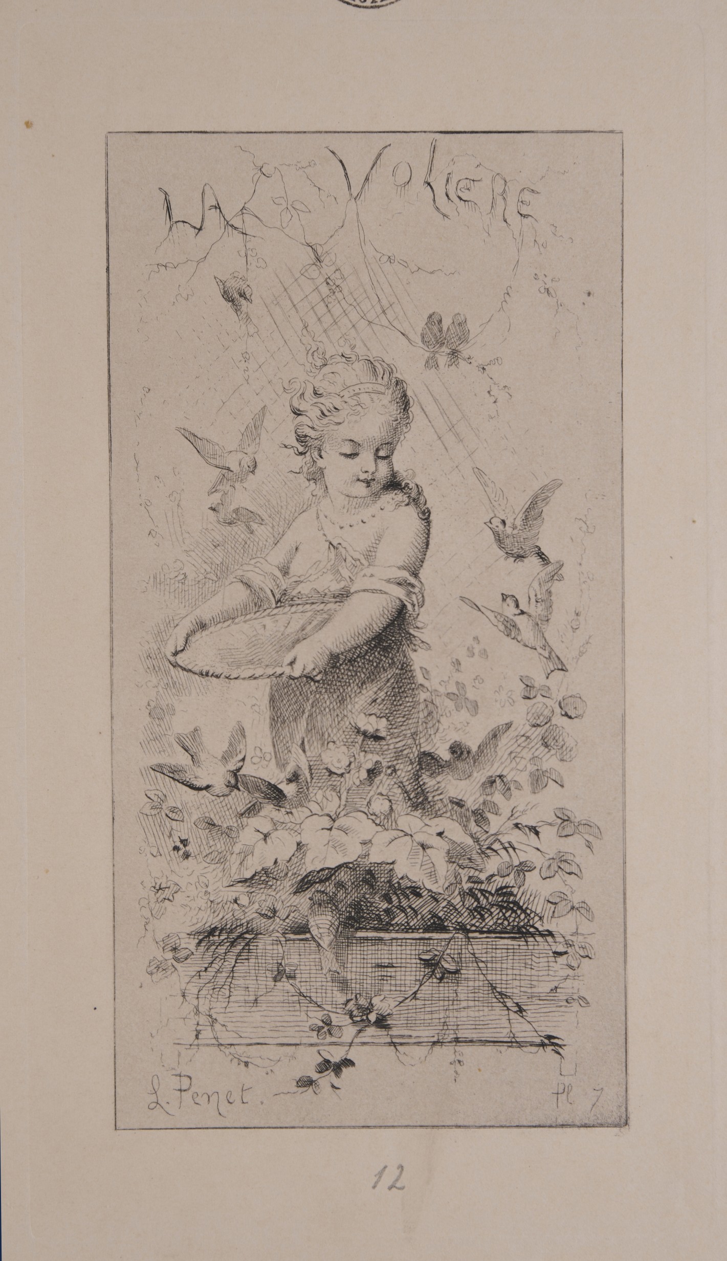 Illustration eines Kindes mit Vögeln und Pflanzen in einer dekorativen Szene.