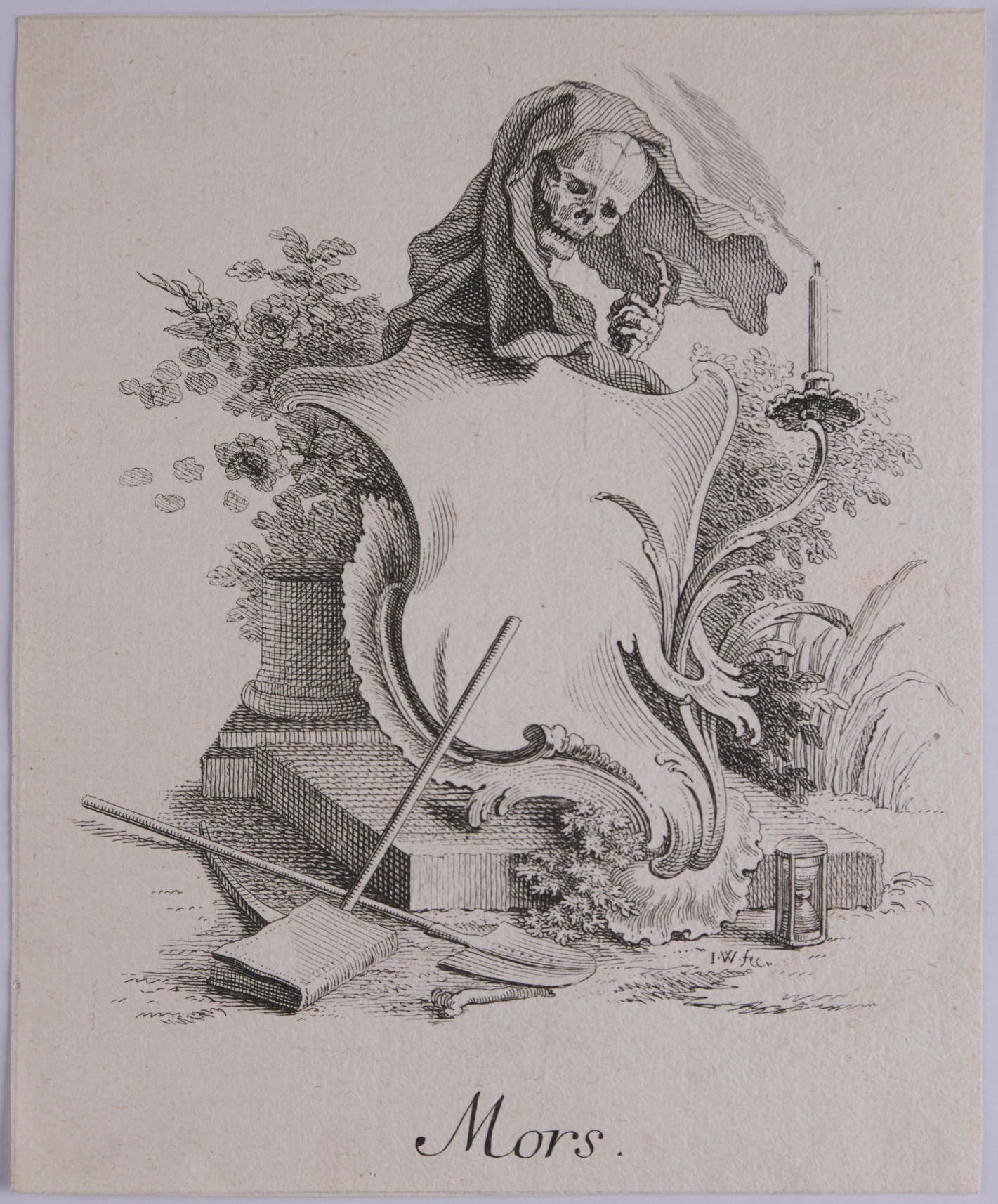 Skelettdarstellung mit einem Schild und einem Stundenglas.