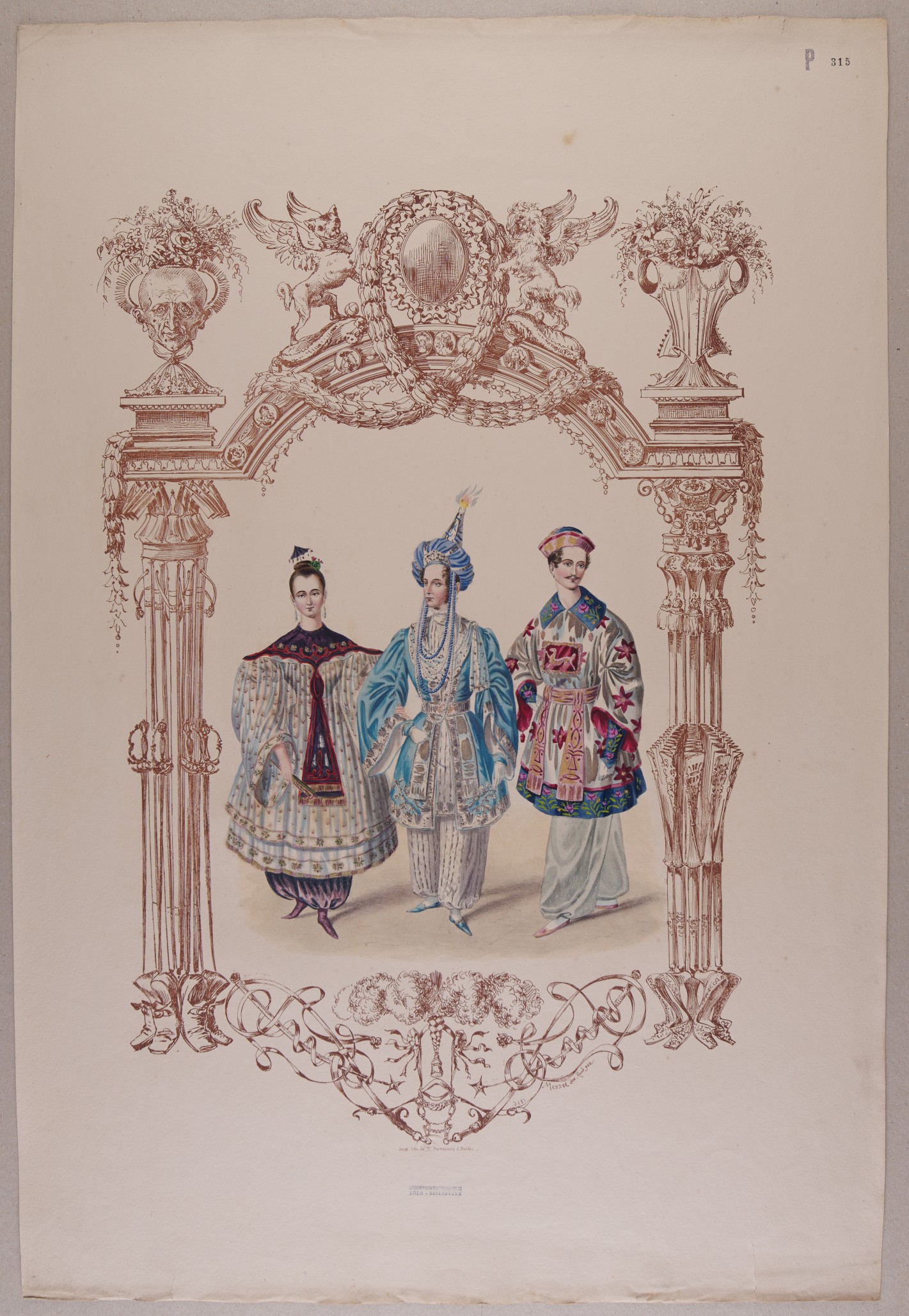 Chinesische Prinzessin, Aladin und Genius. Fantasiereicher Rahmen: Links auf die Spitze gestellte Herrenschuhe als Basis, darüber Degen als Säulenschaft; rechts auf die Spitze gestellte Damenschuhe, Fächer als Säulenschaft. Oben eine Vase mit Männerkopf links und Mieder rechts, Girlande, Kartusche und zwei Hunde.