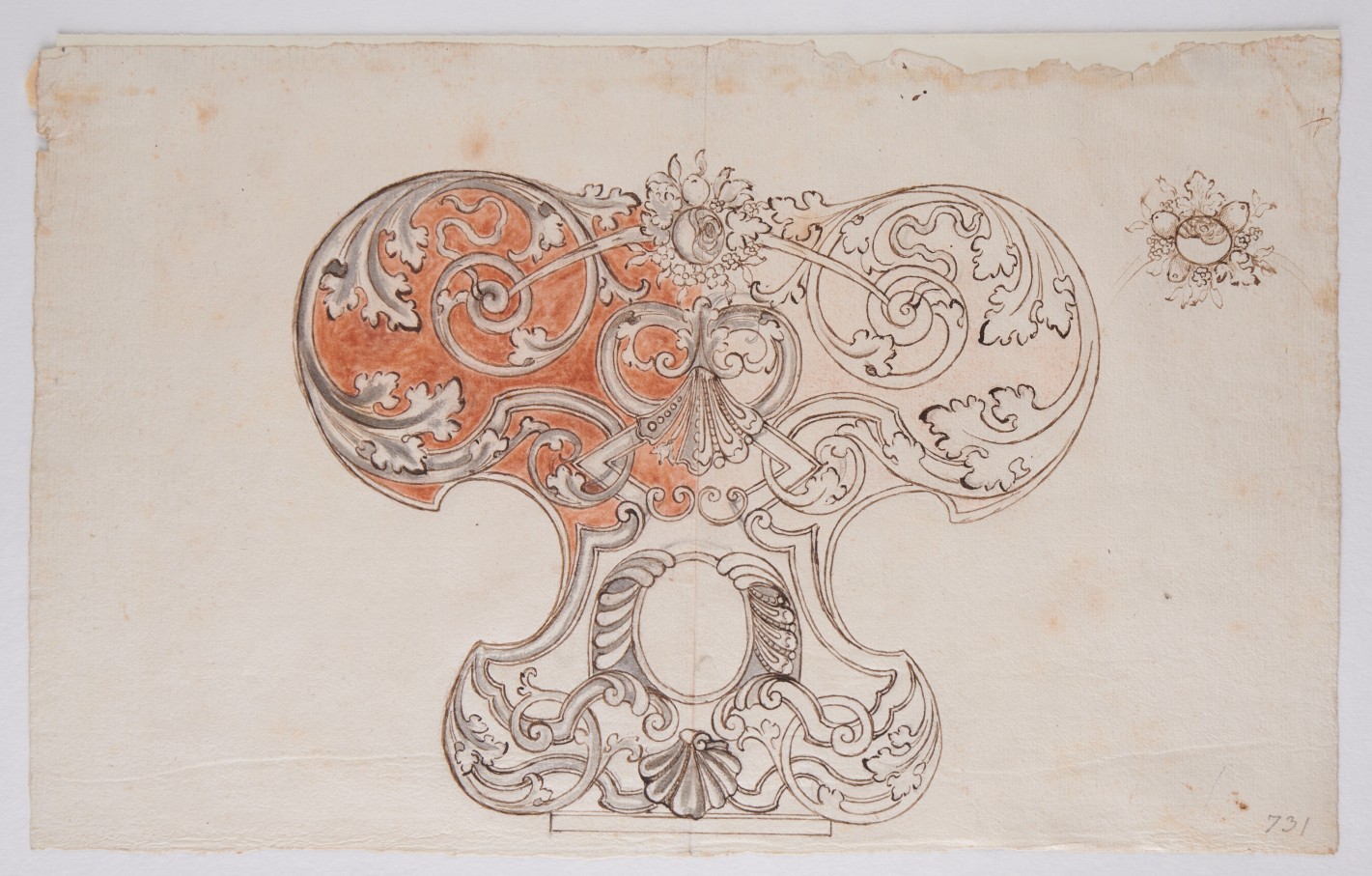 Ornamentale, teilweise kolorierte Grafik mit zierenden Blättern, runde, verschlungene Formen und kleine Blumen.