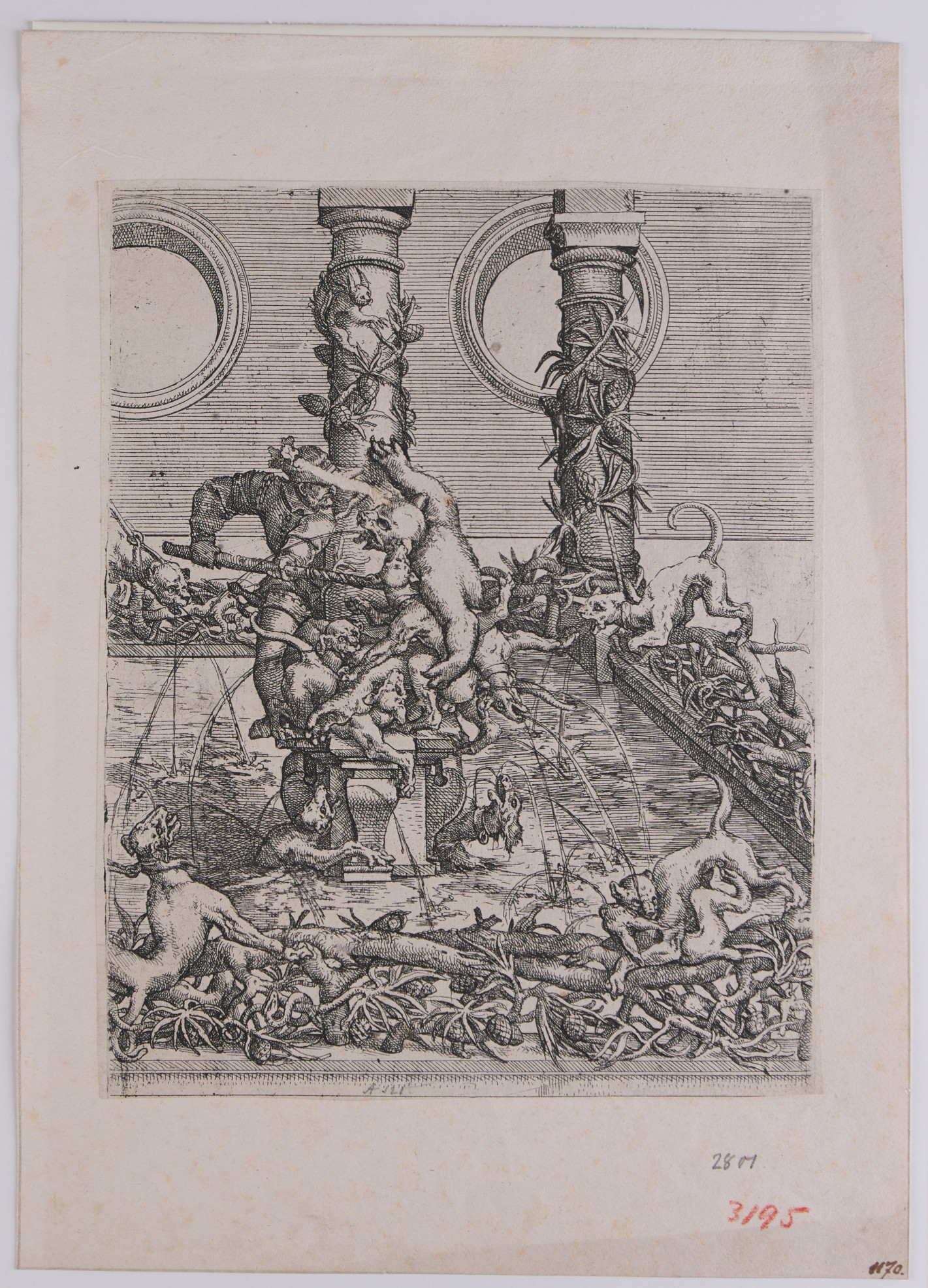 Grafik eines Schmuckbrunnens im Anschnitt: Rechteckiges Wasserbassin mit einer Säule in der hinteren, rechten Ecke und einer in der Mitte. Auf dem Brunnenrand und den Säulen Äste, Wurzel- und Blattwerk. Zahlreiche fantastische Tiere bekämpfen sich auf dem Rand des Brunnens. Auf der Mittelsäule kämpft ein Jäger mit einer Hundemeute gegen ein Untier.