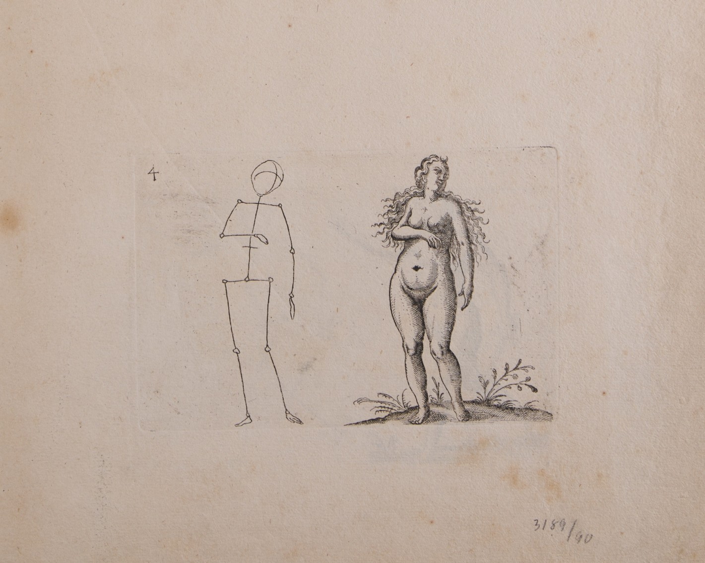 Darstellung einer unbekleideten, stehenden Frau mit vor den Körper geführtem rechten Arm. Links neben ihr eine Strichzeichnung der Pose.