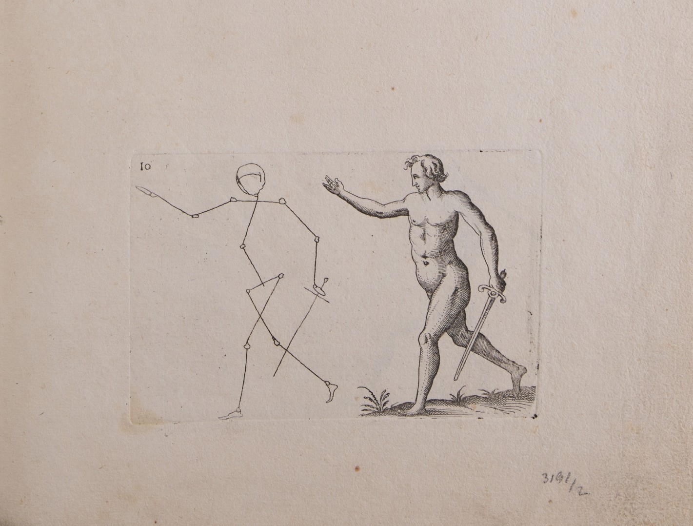 Zeichnung eines unbekleideten Mannes mit erhobener Rechten und gesenktem Schwert in der Linken. Links daneben eine Strichzeichnung der Pose.