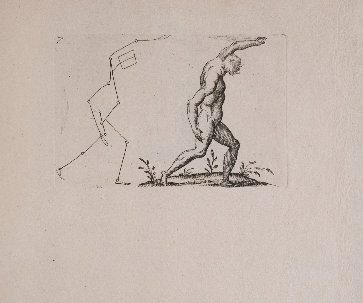 Abbildung einer männlichen Person in Schrittstellung nach rechts mit erhobener Linken. Links daneben eine Strichzeichnung der Position des Mannes.