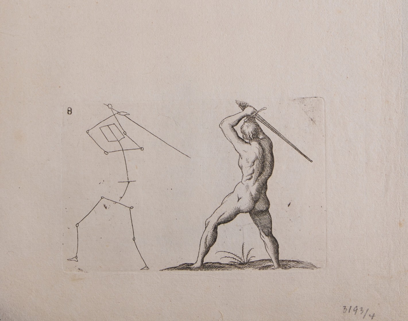 Zeichnung eines Mannes von hinten mit in beiden Händen geführtem Schwert über dem Kopf.