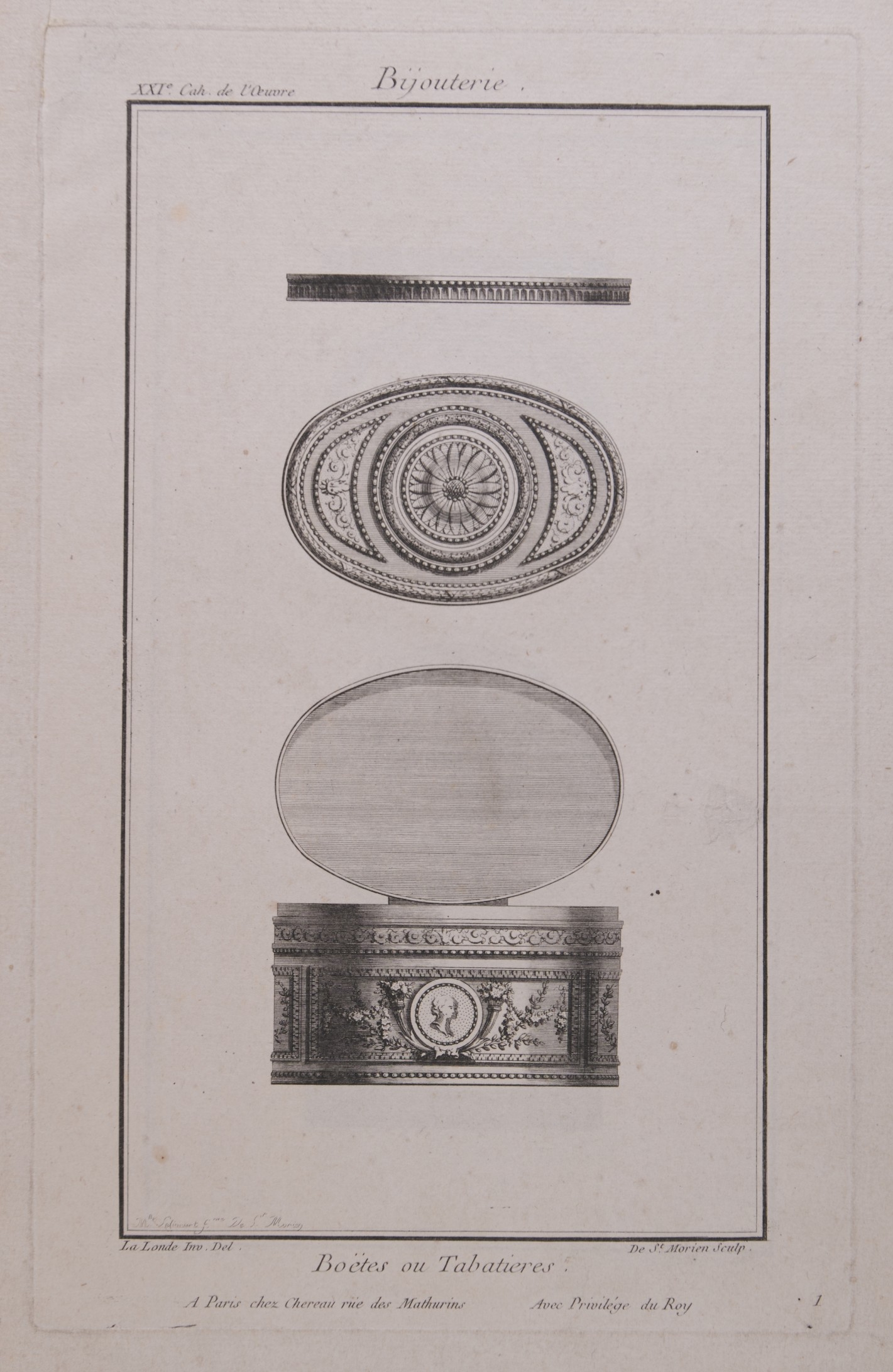 Ovale Tabakdose mit aufgeklapptem Deckel. Auf dem Korpus rundes Medaillon mit Profilbildnis einer Dame. Über der Dose Aufsicht des Deckels und Seitenansicht.