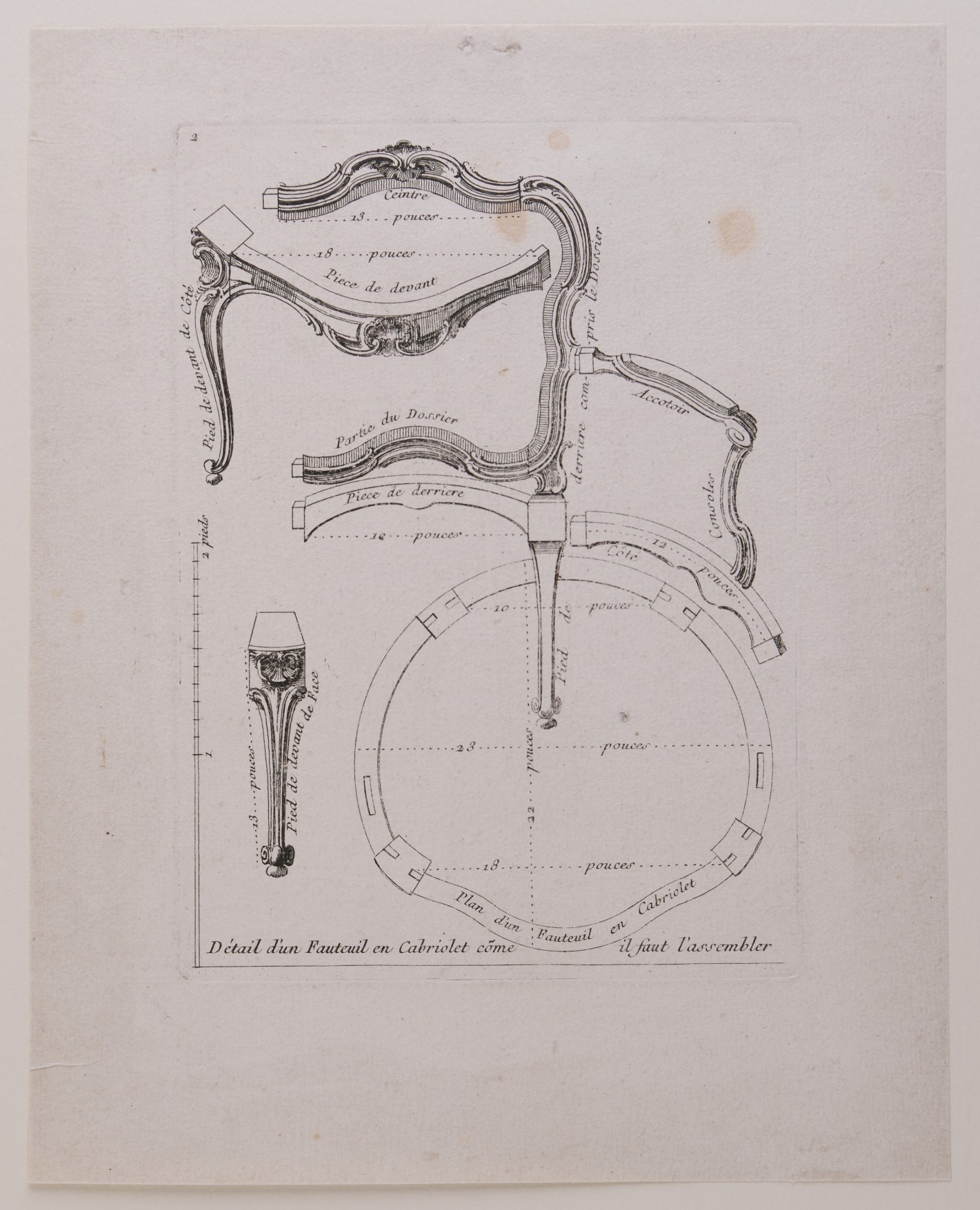 Konstruktionszeichnung für einen Armlehnstuhl aus verschiedenen Möbelteilen in geschwungenen Formen. Französische Beschriftung unterhalb des Bildes.