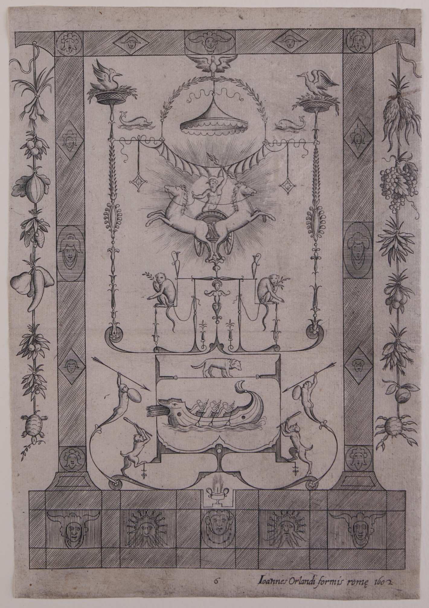 Ornamentale Darstellung mit verschiedenen Tieren, Figuren und Früchten.