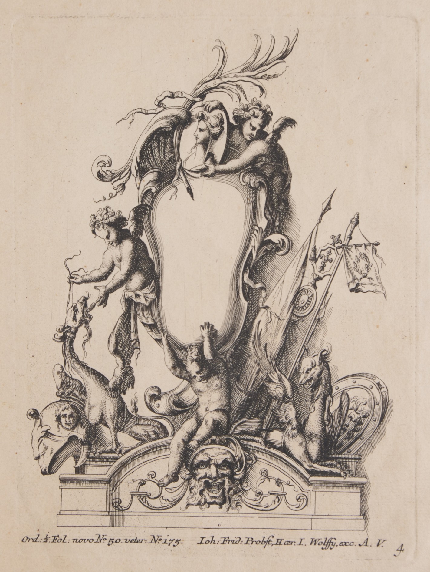 Auf einem niedrigen Sockel mit dort abgebildetem verzerrten Gesicht halten drei kleine Engelchen einen großen geschwungenen Zierrahmen umgeben von zwei Drachen, einem Helm und Schild, Lanzen und Fahnenstangen.