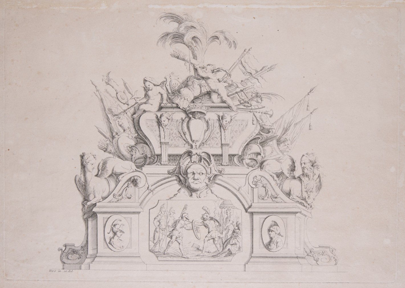 Ein Sarkophag umgeben von Kriegsgerät, Federn, Fahnen und Mischwesen. Darunter ein massiver, verzierter Sockel.