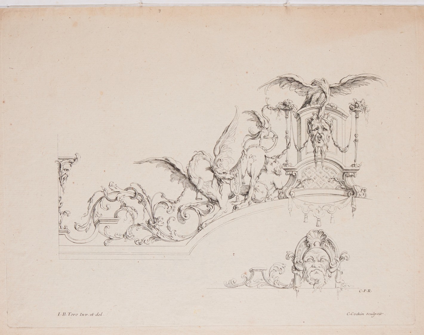 Verschiedene Mischwesen, Fabeltiere und verschlungene Zierformen verbinden sich zu einer Reihe auf geradem Untergrund sowie nach rechts hin angeschnittenem Bogen. Unten rechts im Bild eine männliches Gesicht mit Kopfschmuck.