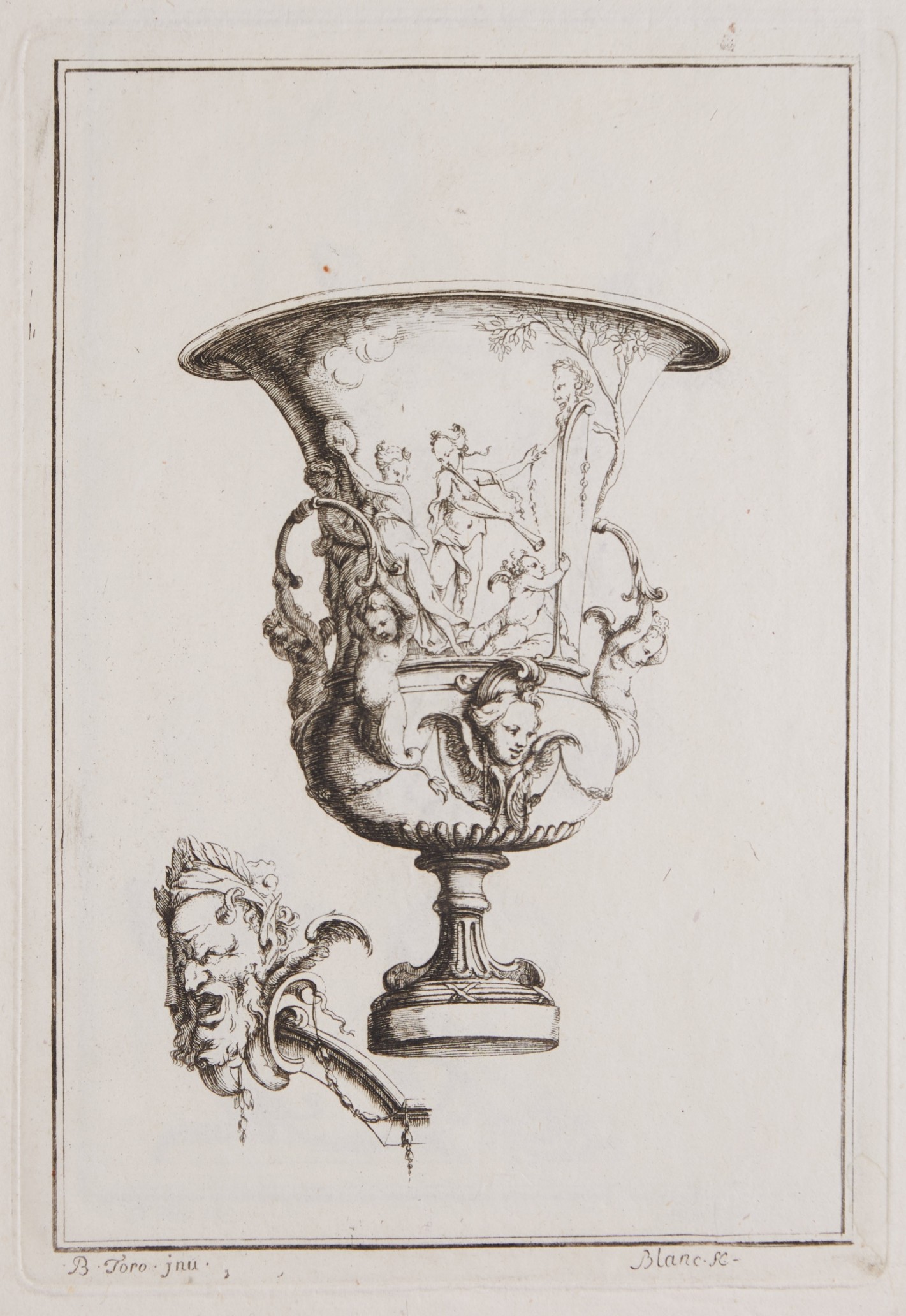 Offenes Gefäß mit schmalem Fuß und figürlicher Szene auf dem Gefäßkörper.