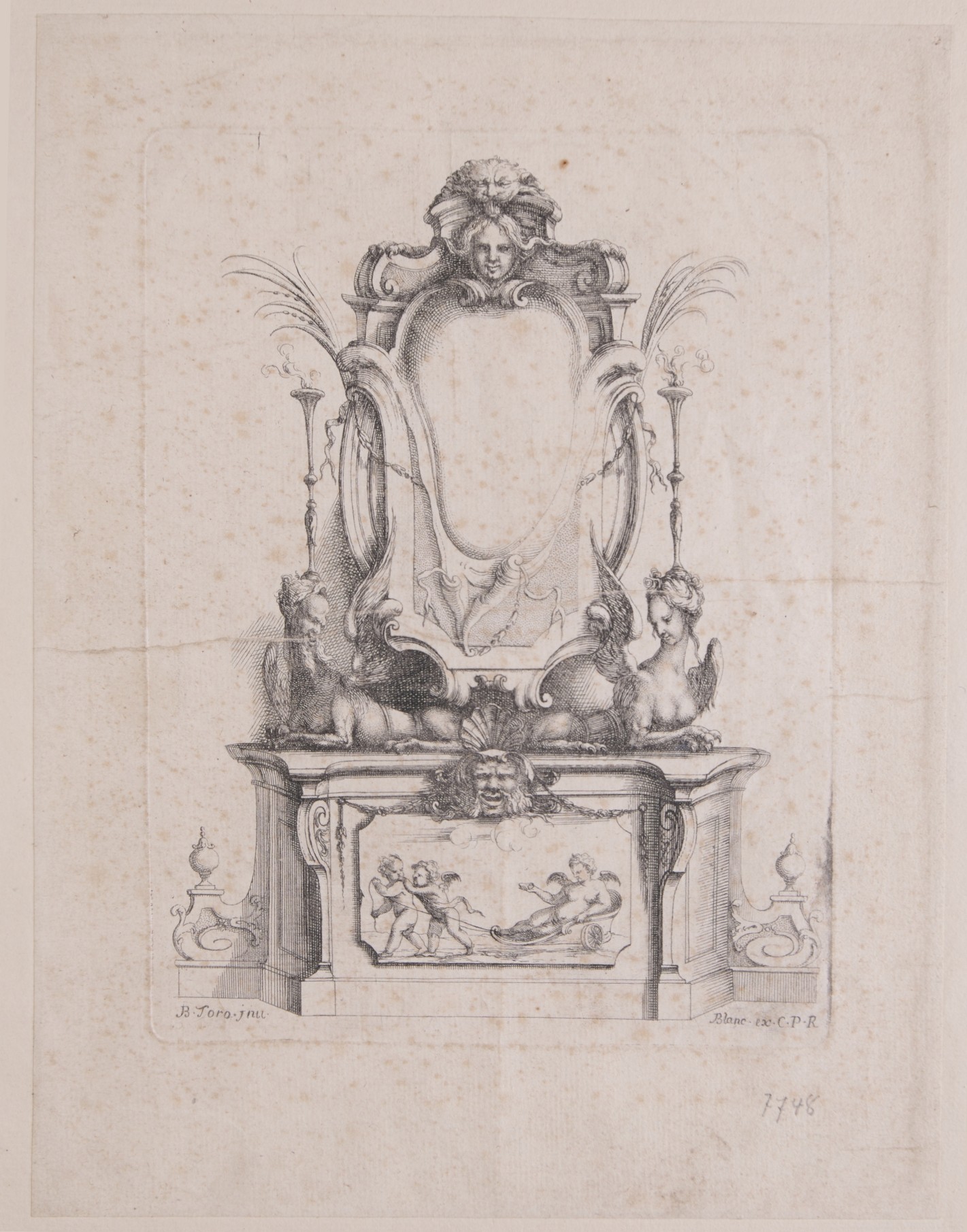 Reich verziertes Möbelstück mit fantasievoller Gestaltung. Ablagetisch mit Szene kleiner Engelchen, darauf zwei sitzende Fabelwesen und darüber ein geschmückter Rahmen.