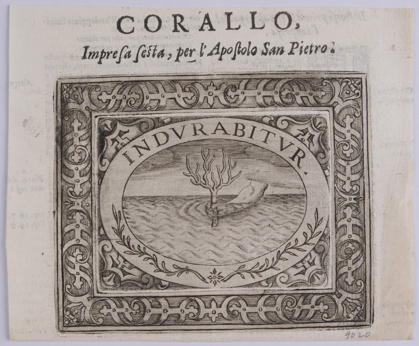 In querrechteckigem, verziertem Rahmen Queroval mit Darstellung einer Koralle, die von einer Hand ins Wasser gehalten wird.