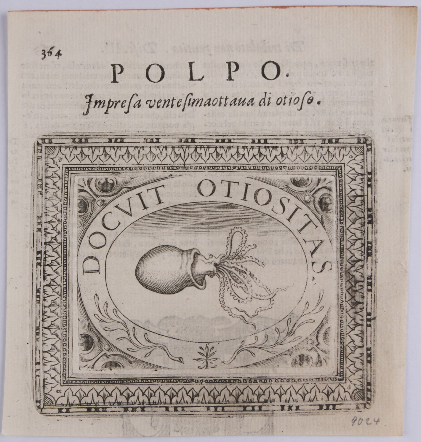 In querrechteckigem, verziertem Rahmen Queroval mit Darstellung eines Tintenfischs. Darüber kurzer lateinischer Text.