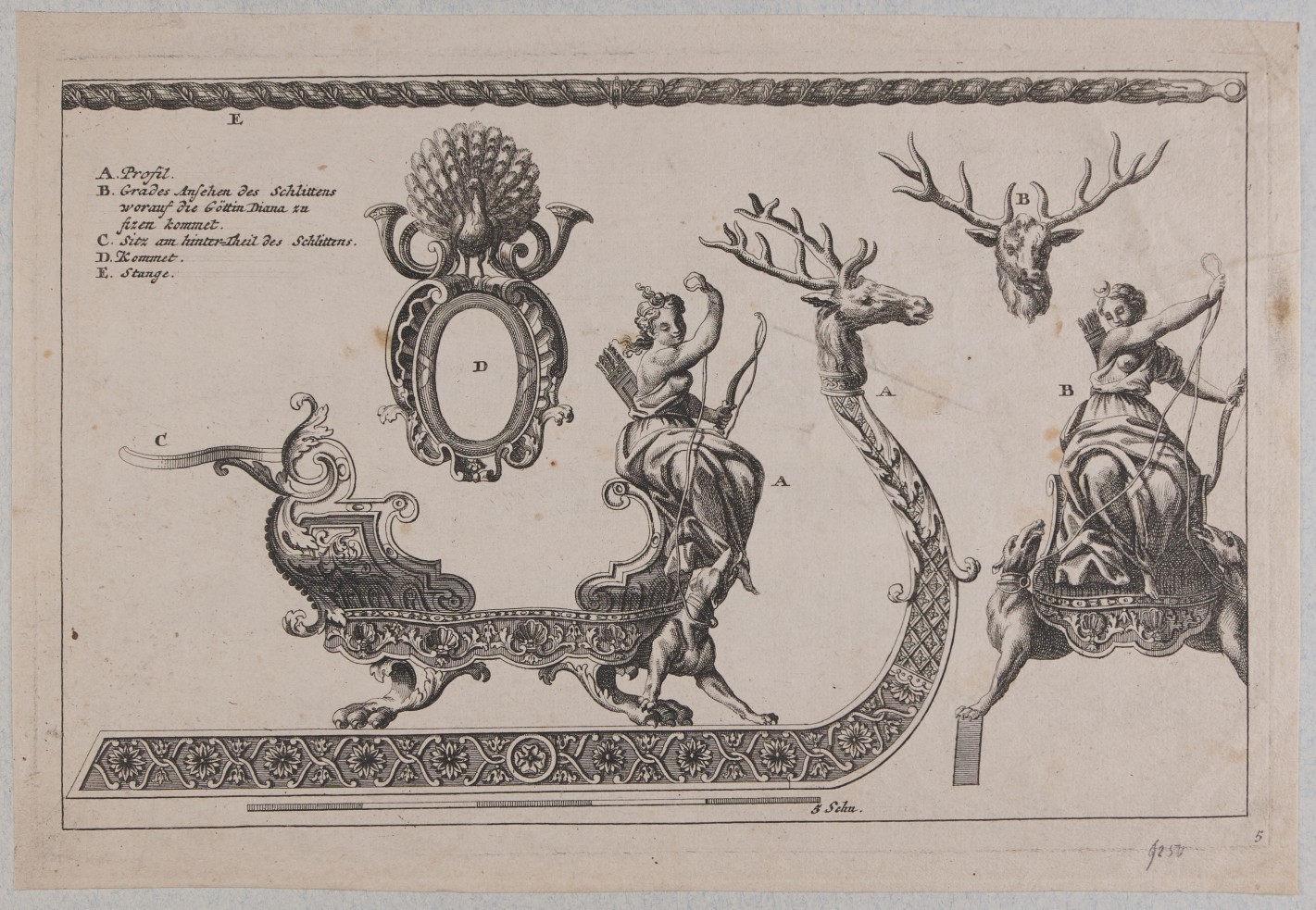 Verschiedene Ansichten eines Fahrzeugs mit Kufen und Hirschkopf am vorderen Ende. Auf dem Schlittensitz Frau mit Köcher.