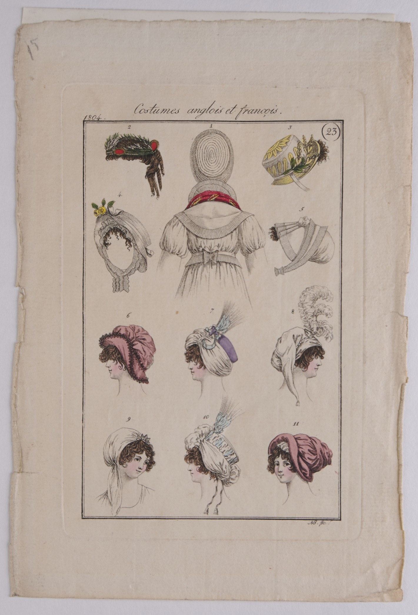 Modezeichnungen: Zwei Reihen Kopfbedeckungen und ein Rückenteil eines Kleides, zwei Reihen je drei Frauenköpfen mit Hüten.